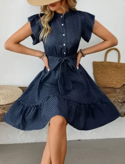 Women's Mini Dress Shirt Dress Casual Dress A Line Dress Stylish Casual Vacation Daily Regular Fit Polka Dot Short Sleeve V Neck Magenta Pink Navy Blue Blue Summer