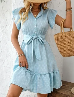 Women's Mini Dress Shirt Dress Casual Dress A Line Dress Stylish Casual Vacation Daily Regular Fit Polka Dot Short Sleeve V Neck Magenta Pink Navy Blue Blue Summer