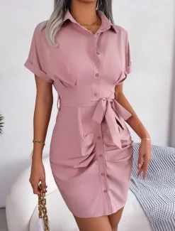 Women's Mini Dress Shirt Dress Casual Dress Summer Dress Stylish Casual Vacation Daily Date Regular Fit Plain Short Sleeve Lapel Pink Red Blue Summer Spring