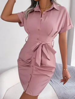 Women's Mini Dress Shirt Dress Casual Dress Summer Dress Stylish Casual Vacation Daily Date Regular Fit Plain Short Sleeve Lapel Pink Red Blue Summer Spring