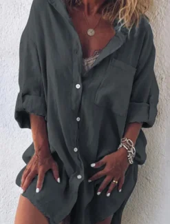 Women's Mini Dress Shirt Dress Casual Dress Basic Casual Vacation Daily Regular Fit Plain Linen Like Long Sleeve Shirt Collar Black Light Green Pink Blue Summer