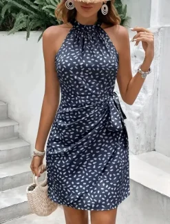 Women's Mini Dress Summer Dress Halter Dress Casual Daily Regular Fit Graphic Polka Dot Sleeveless Halter Neck Light Green Pink Navy Blue Khaki Summer