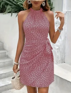 Women's Mini Dress Summer Dress Halter Dress Casual Daily Regular Fit Graphic Polka Dot Sleeveless Halter Neck Light Green Pink Navy Blue Khaki Summer