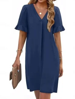 Women's Mini Dress Summer Dress Casual Daily Regular Fit Plain Short Sleeve V Neck Black Blue Fuchsia Green Summer