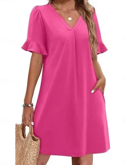 Women's Mini Dress Summer Dress Casual Daily Regular Fit Plain Short Sleeve V Neck Black Blue Fuchsia Green Summer