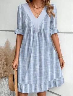 Women's Mini Dress Summer Dress Casual Daily Regular Fit Floral Striped Half Sleeve V Neck Red Light Brown Blue Green Summer Spring