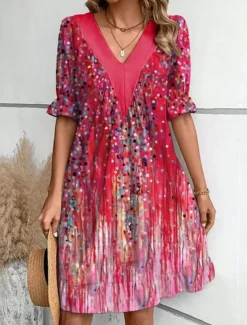 Women's Mini Dress Summer Dress Casual Daily Regular Fit Floral Striped Half Sleeve V Neck Red Light Brown Blue Green Summer Spring