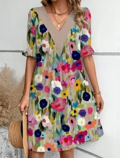 Women's Mini Dress Summer Dress Casual Daily Regular Fit Floral Striped Half Sleeve V Neck Red Light Brown Blue Green Summer Spring