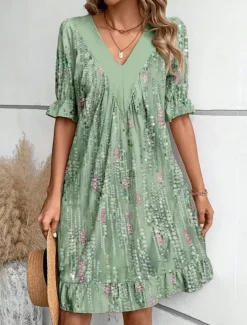 Women's Mini Dress Summer Dress Casual Daily Regular Fit Floral Striped Half Sleeve V Neck Red Light Brown Blue Green Summer Spring