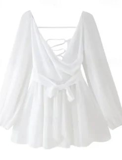 Women's Mini Dress Summer Dress Fashion Modern Outdoor Vacation Going out Regular Fit Plain Long Sleeve V Neck Black White Blue Dark Green Summer