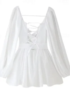 Women's Mini Dress Summer Dress Fashion Modern Outdoor Vacation Going out Regular Fit Plain Long Sleeve V Neck Black White Blue Dark Green Summer