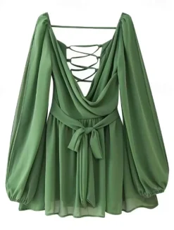 Women's Mini Dress Summer Dress Fashion Modern Outdoor Vacation Going out Regular Fit Plain Long Sleeve V Neck Black White Blue Dark Green Summer