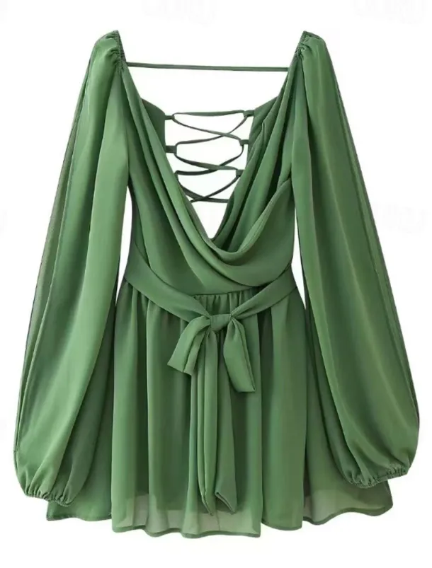 Women's Mini Dress Summer Dress Fashion Modern Outdoor Vacation Going out Regular Fit Plain Long Sleeve V Neck Black White Blue Dark Green Summer