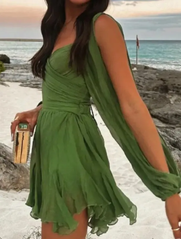 Women's Mini Dress Summer Dress Fashion Modern Outdoor Vacation Going out Regular Fit Plain Long Sleeve V Neck Black White Blue Dark Green Summer