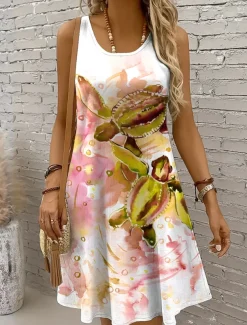 Women's Mini Dress Sundress A Line Dress Off The Shoulder Dress Vacation Casual Holiday Beach Regular Fit Graphic Turtle Sleeveless Crew Neck Yellow Red Blue Purple Summer Spring