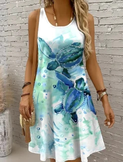 Women's Mini Dress Sundress A Line Dress Off The Shoulder Dress Vacation Casual Holiday Beach Regular Fit Graphic Turtle Sleeveless Crew Neck Yellow Red Blue Purple Summer Spring