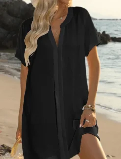 Women's Mini Dress Sundress Summer Dress Casual Daily Regular Fit Solid Color Short Sleeve V Neck Black White Navy Blue Sky Blue Summer