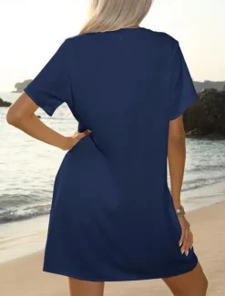 Women's Mini Dress Sundress Summer Dress Casual Daily Regular Fit Solid Color Short Sleeve V Neck Black White Navy Blue Sky Blue Summer