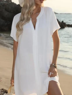 Women's Mini Dress Sundress Summer Dress Casual Daily Regular Fit Solid Color Short Sleeve V Neck Black White Navy Blue Sky Blue Summer