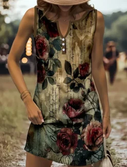 Women's Mini Dress Sundress Shift Dress Off The Shoulder Dress Vacation Casual Going out Regular Fit Floral Graphic Letter Sleeveless V Neck Red Blue Purple Green Summer Spring