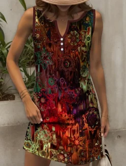 Women's Mini Dress Sundress Shift Dress Off The Shoulder Dress Vacation Casual Outdoor Going out Beach Regular Fit Ombre Graphic Geometric Sleeveless V Neck Red Blue Purple Green Summer Spring