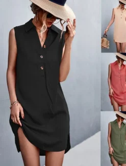 Women's Mini Dress Sundress Summer Dress Casual Daily Regular Fit Solid Color Sleeveless Shirt Collar ArmyGreen Black Red Beige Summer