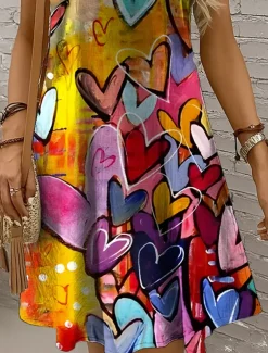 Women's Mini Dress Sundress A Line Dress Off The Shoulder Dress Vacation Casual Boho Holiday Beach Regular Fit Heart Graphic Sleeveless Crew Neck Yellow Red Blue Purple Summer Spring
