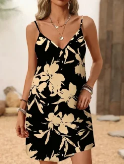 Women's Mini Dress Sundress A Line Dress Summer Dress Slip Dress Vacation Casual Outdoor Party Daily Regular Fit Floral Graphic Abstract Sleeveless V Neck Black Summer Spring
