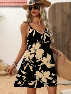 Women's Mini Dress Sundress A Line Dress Summer Dress Slip Dress Vacation Casual Outdoor Party Daily Regular Fit Floral Graphic Abstract Sleeveless V Neck Black Summer Spring