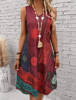 Women's Mini Dress Sundress A Line Dress Summer Dress Vacation Casual Boho Regular Fit Graphic Geometric Color Block Sleeveless U Neck Dark Red Blue Summer Spring