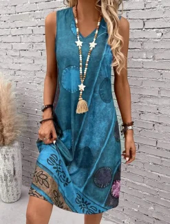 Women's Mini Dress Sundress A Line Dress Summer Dress Vacation Casual Boho Regular Fit Graphic Geometric Color Block Sleeveless U Neck Dark Red Blue Summer Spring