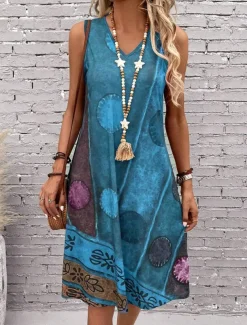 Women's Mini Dress Sundress A Line Dress Summer Dress Vacation Casual Boho Regular Fit Graphic Geometric Color Block Sleeveless U Neck Dark Red Blue Summer Spring