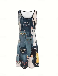 Women's Mini Dress Sundress A Line Dress Off The Shoulder Dress Vacation Casual Outdoor Holiday Beach Regular Fit Graphic Animal Cat Sleeveless Crew Neck Blue Summer Spring
