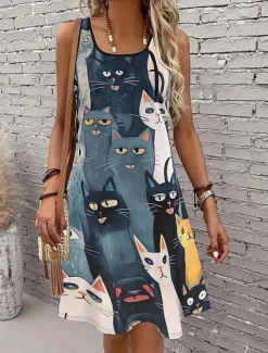 Women's Mini Dress Sundress A Line Dress Off The Shoulder Dress Vacation Casual Outdoor Holiday Beach Regular Fit Graphic Animal Cat Sleeveless Crew Neck Blue Summer Spring