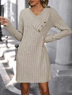 Women's Mini Dress Sweater Dress Casual Dress Plain Dress Basic Casual Flared Vacation Street Regular Fit Long Sleeve V Neck Apricot Fall Winter