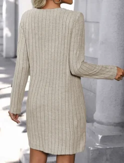 Women's Mini Dress Sweater Dress Casual Dress Plain Dress Basic Casual Flared Vacation Street Regular Fit Long Sleeve V Neck Apricot Fall Winter