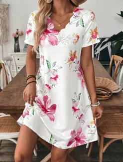 Women's Mini Dress T Shirt Dress Tee Dress A Line Dress Summer Dress Casual Daily Regular Fit Floral Graphic Short Sleeve V Neck White Summer