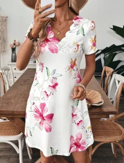 Women's Mini Dress T Shirt Dress Tee Dress A Line Dress Summer Dress Casual Daily Regular Fit Floral Graphic Short Sleeve V Neck White Summer