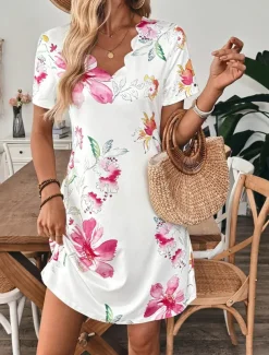Women's Mini Dress T Shirt Dress Tee Dress A Line Dress Summer Dress Casual Daily Regular Fit Floral Graphic Short Sleeve V Neck White Summer