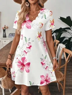 Women's Mini Dress T Shirt Dress Tee Dress A Line Dress Summer Dress Casual Daily Regular Fit Floral Graphic Short Sleeve V Neck White Summer
