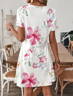 Women's Mini Dress T Shirt Dress Tee Dress A Line Dress Summer Dress Casual Daily Regular Fit Floral Graphic Short Sleeve V Neck White Summer