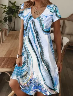 Women's Mini Dress T Shirt Dress Tee Dress Sundress A Line Dress Elegant Vintage Stylish Vacation Birthday Casual Regular Fit Ombre Graphic Short Sleeve V Neck Pink Blue Orange Summer