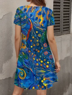 Women's Mini Dress T Shirt Dress Tee Dress A Line Dress Summer Dress Casual Daily Regular Fit Flag Abstract Short Sleeve V Neck Blue Summer