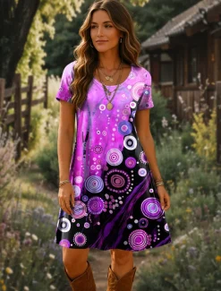 Women's Mini Dress T Shirt Dress Tee Dress A Line Dress Summer Dress Casual Daily Regular Fit Graphic Geometric Short Sleeve Crewneck Yellow Red Blue Purple Summer Spring