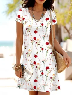 Women's Mini Dress T Shirt Dress Tee Dress A Line Dress Summer Dress Casual Daily Regular Fit Floral Graphic Short Sleeve Crewneck Red Blue Purple Summer Spring