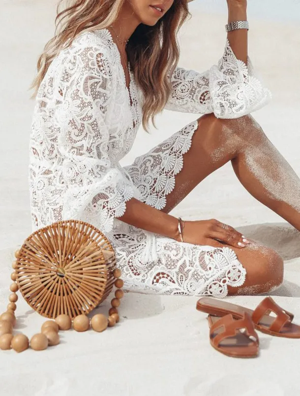 Women's Mini Dress White Dress Lace Dress Boho Dress Cover Up Fashion Casual Boho Flare Cuff Sleeve Outdoor Vacation Beach Loose Fit Plain Long Sleeve V Neck Black White Summer Spring