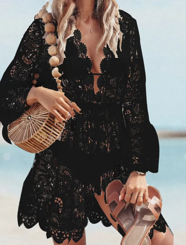 Women's Mini Dress White Dress Lace Dress Boho Dress Cover Up Fashion Casual Boho Flare Cuff Sleeve Outdoor Vacation Beach Loose Fit Plain Long Sleeve V Neck Black White Summer Spring