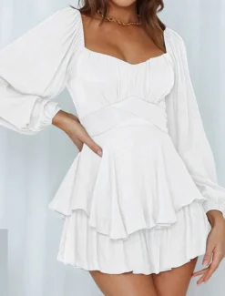 Women's Mini Dress White Dress A Line Dress Stylish Casual Lantern Sleeve Vacation Daily Date Regular Fit Plain Long Sleeve Square Neck Black White Pink Wine Summer Fall