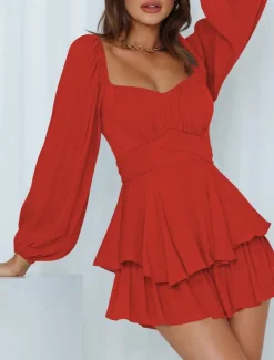 Women's Mini Dress White Dress A Line Dress Stylish Casual Lantern Sleeve Vacation Daily Date Regular Fit Plain Long Sleeve Square Neck Black White Pink Wine Summer Fall