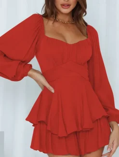 Women's Mini Dress White Dress A Line Dress Stylish Casual Lantern Sleeve Vacation Daily Date Regular Fit Plain Long Sleeve Square Neck Black White Pink Wine Summer Fall